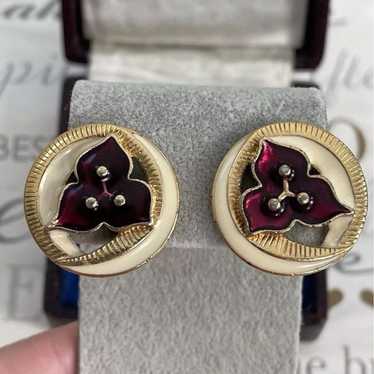 Monet earrings red Flower enamel Costume Signed Vi