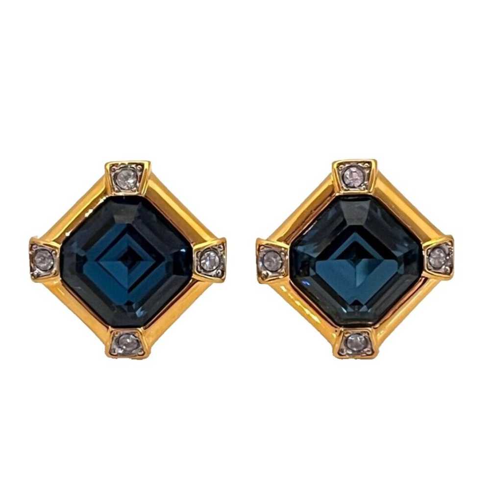 Vintage Earrings Gold Tone Clip On Blue Faceted G… - image 2