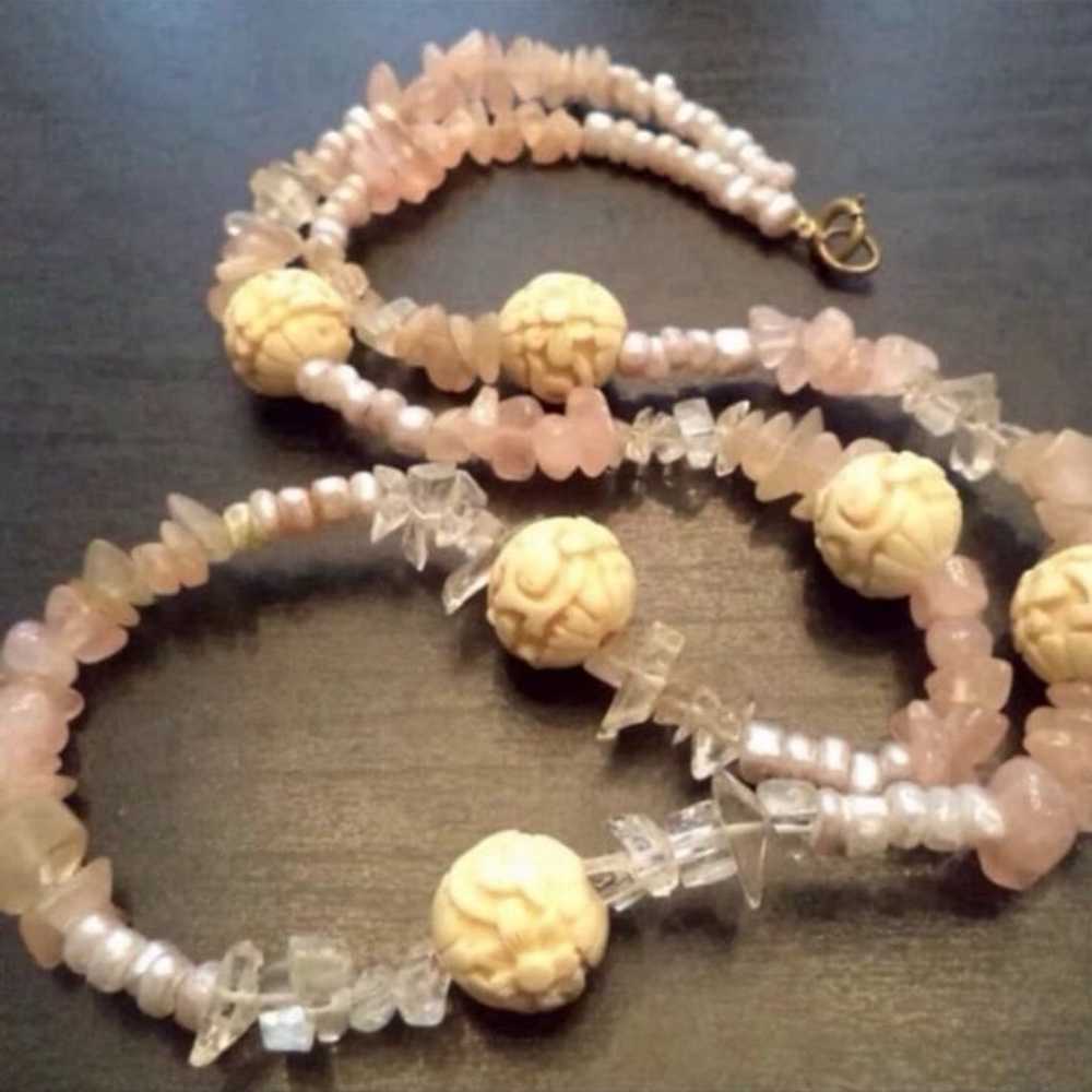 Stunning ✨VTG Rose Quartz Gemstone, Pearl,Carved … - image 3