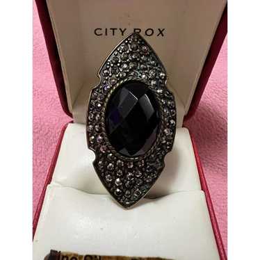 VTG Black Marcasite‎ Stone W/Stretch Brass Band - image 1