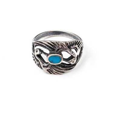 Vintage ring sterling silver turquoise crane hero… - image 1