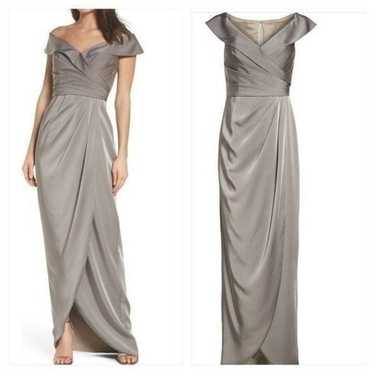 LA FEMME Surplice Off Shoulder Column Gown.