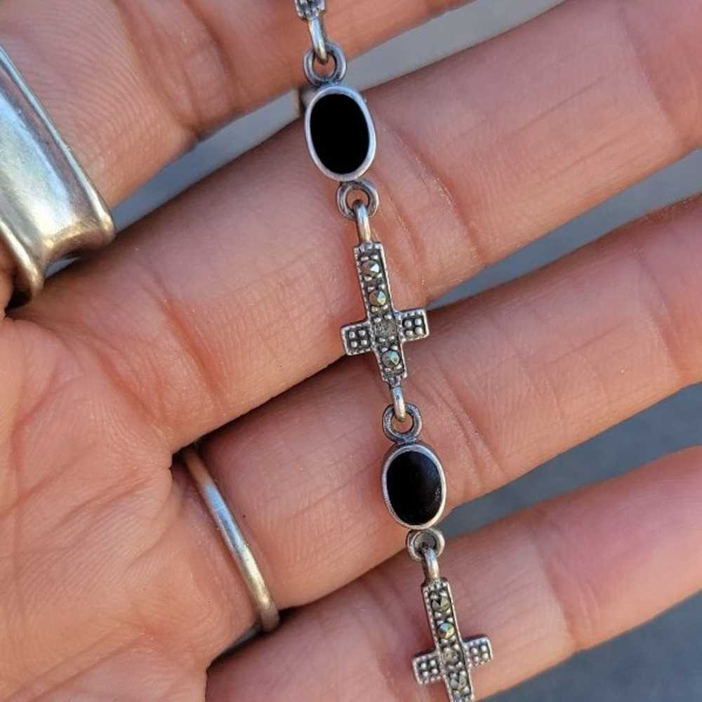 Vintage 925 sterling silver cross onyx marcasite … - image 5