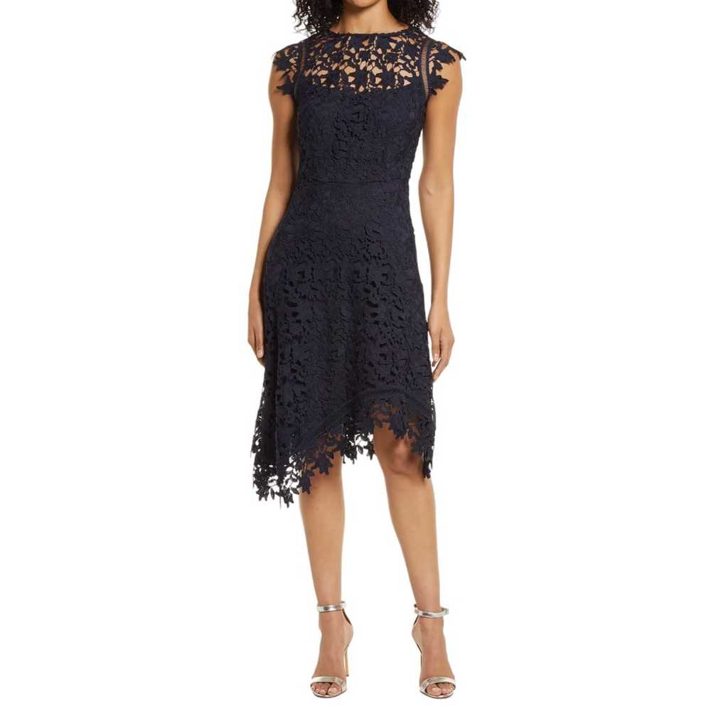 Eliza J Navy Blue Lace Asymmetric Cocktail Dress - image 1