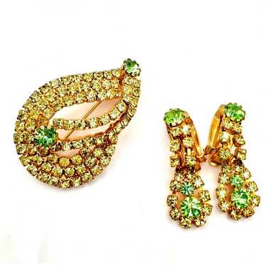 Citrine Green Rhinestone Brooch Clip Earrings Tea… - image 1