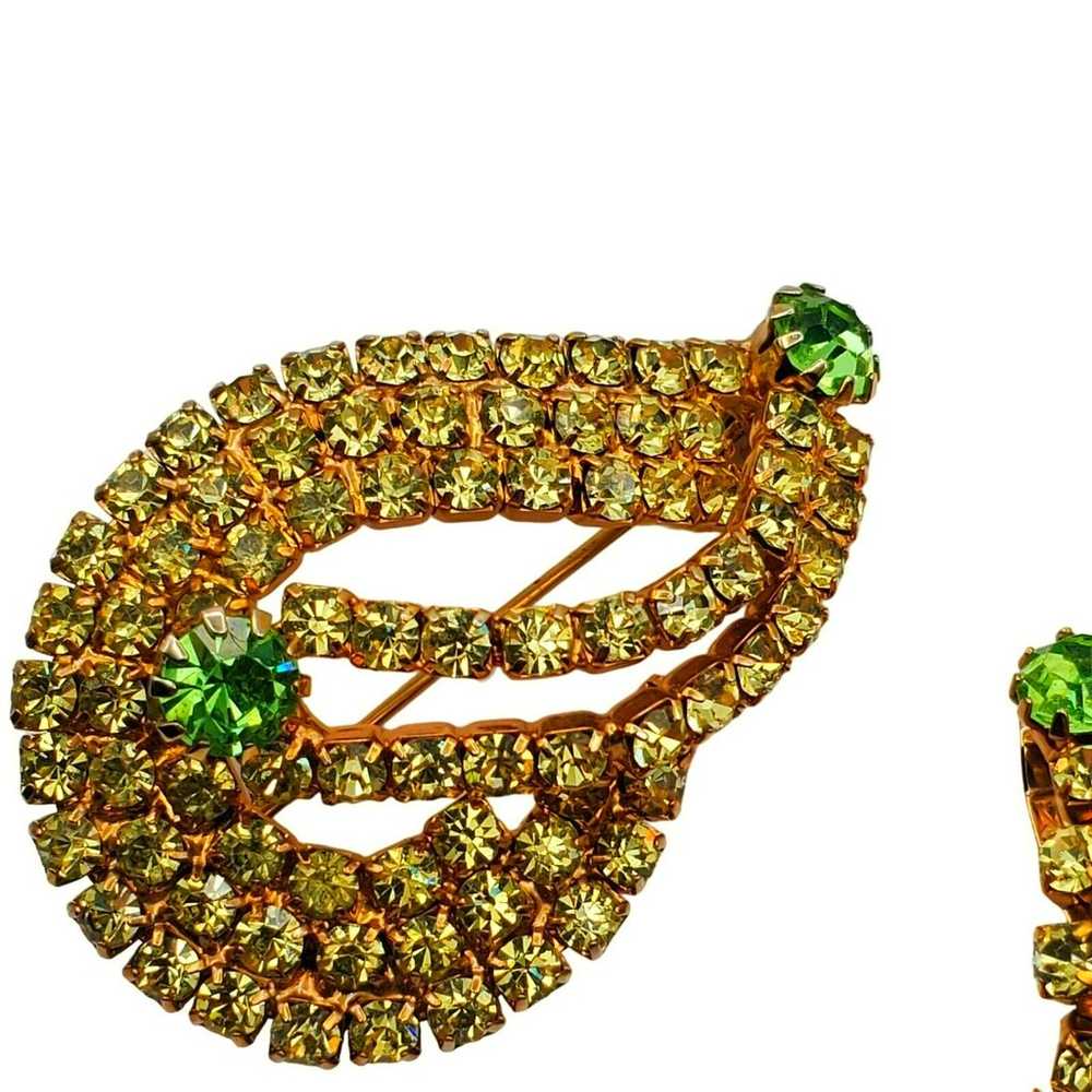 Citrine Green Rhinestone Brooch Clip Earrings Tea… - image 2