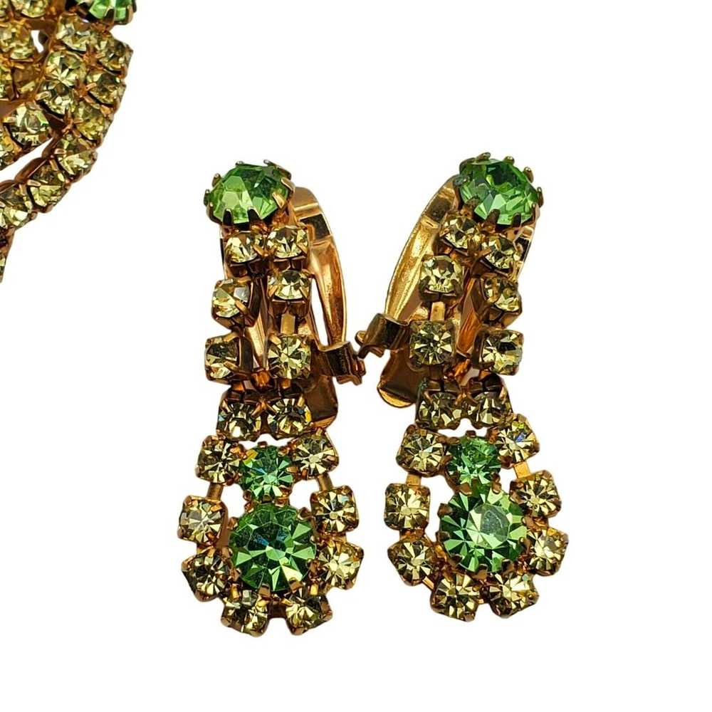 Citrine Green Rhinestone Brooch Clip Earrings Tea… - image 5