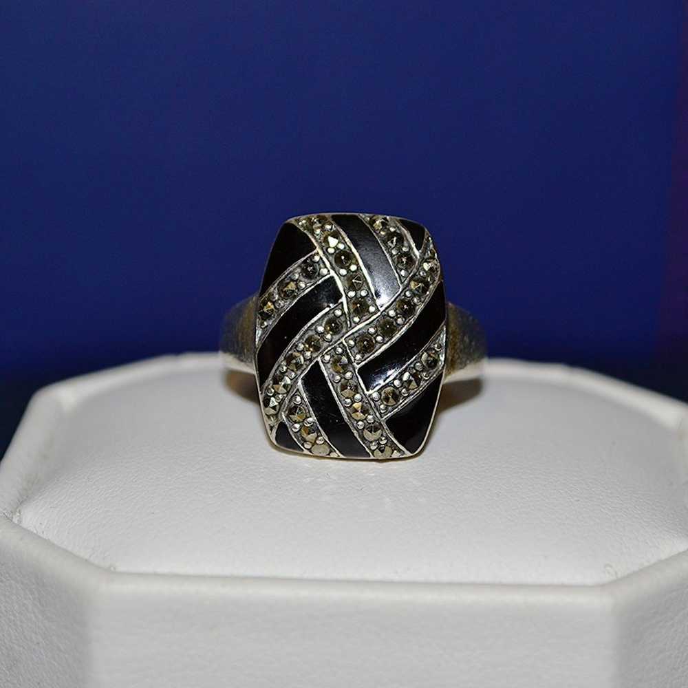 Sterling Silver Ring Vintage Pavé Onyx Marcasite … - image 11