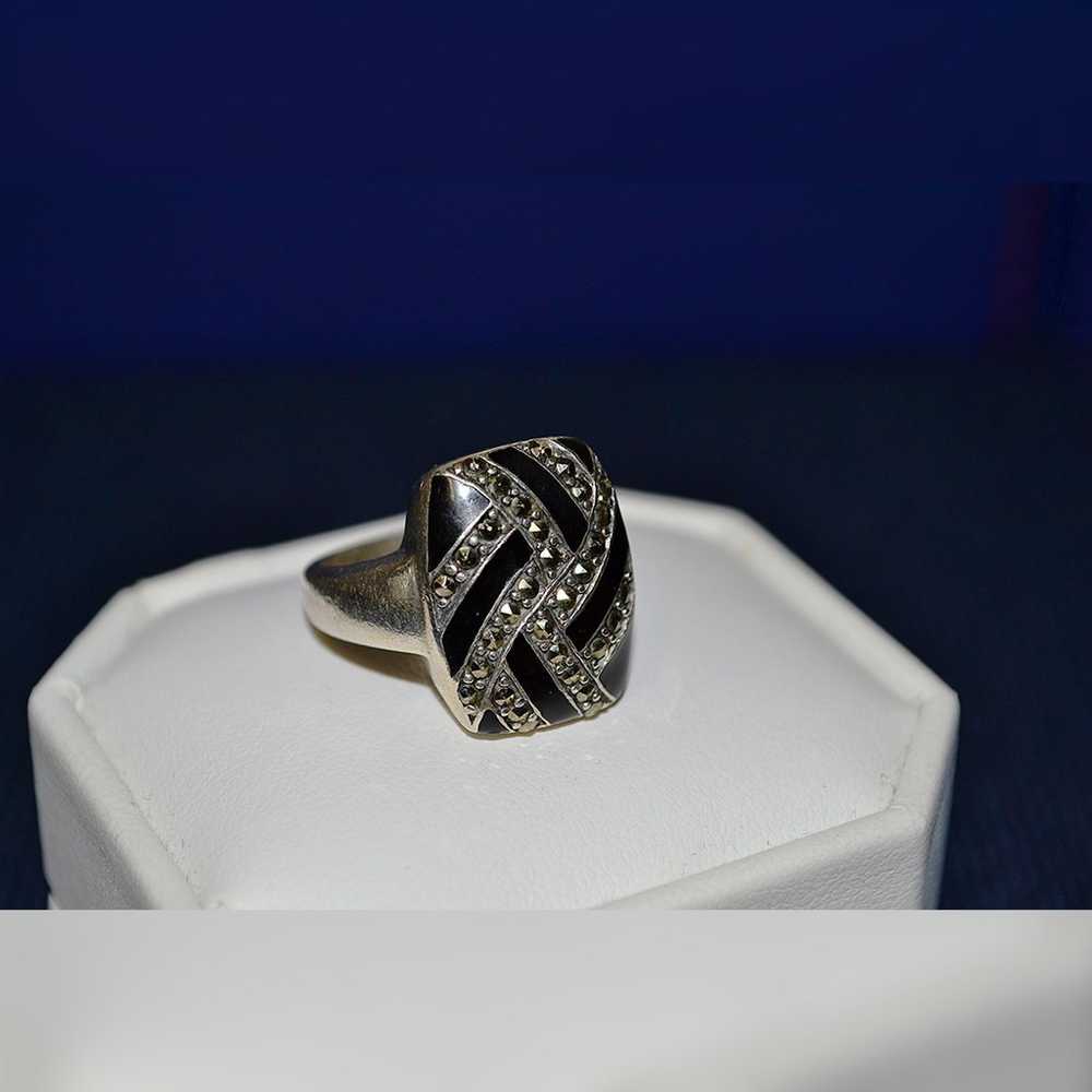 Sterling Silver Ring Vintage Pavé Onyx Marcasite … - image 12