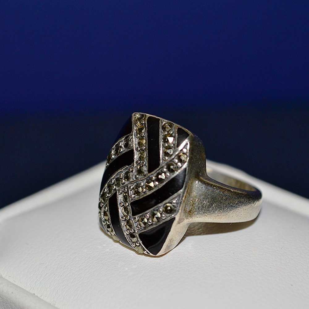 Sterling Silver Ring Vintage Pavé Onyx Marcasite … - image 7