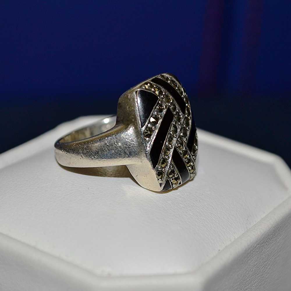 Sterling Silver Ring Vintage Pavé Onyx Marcasite … - image 8