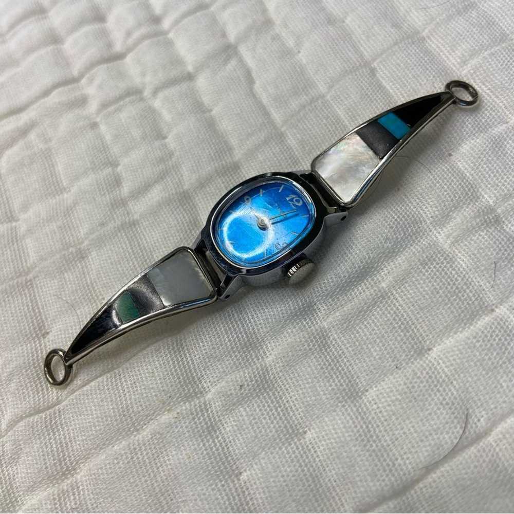 Sterling silver Zuni inlaid watch band turquoise,… - image 3