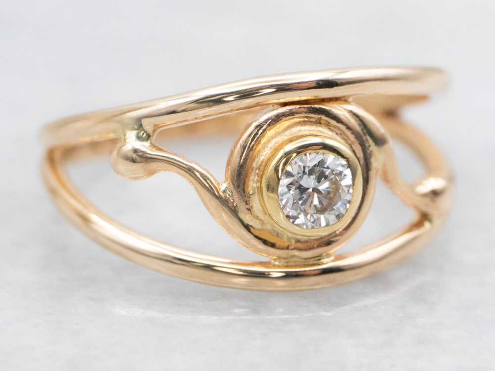 Scrolling Gold Bezel Set Diamond Openwork Ring - image 2