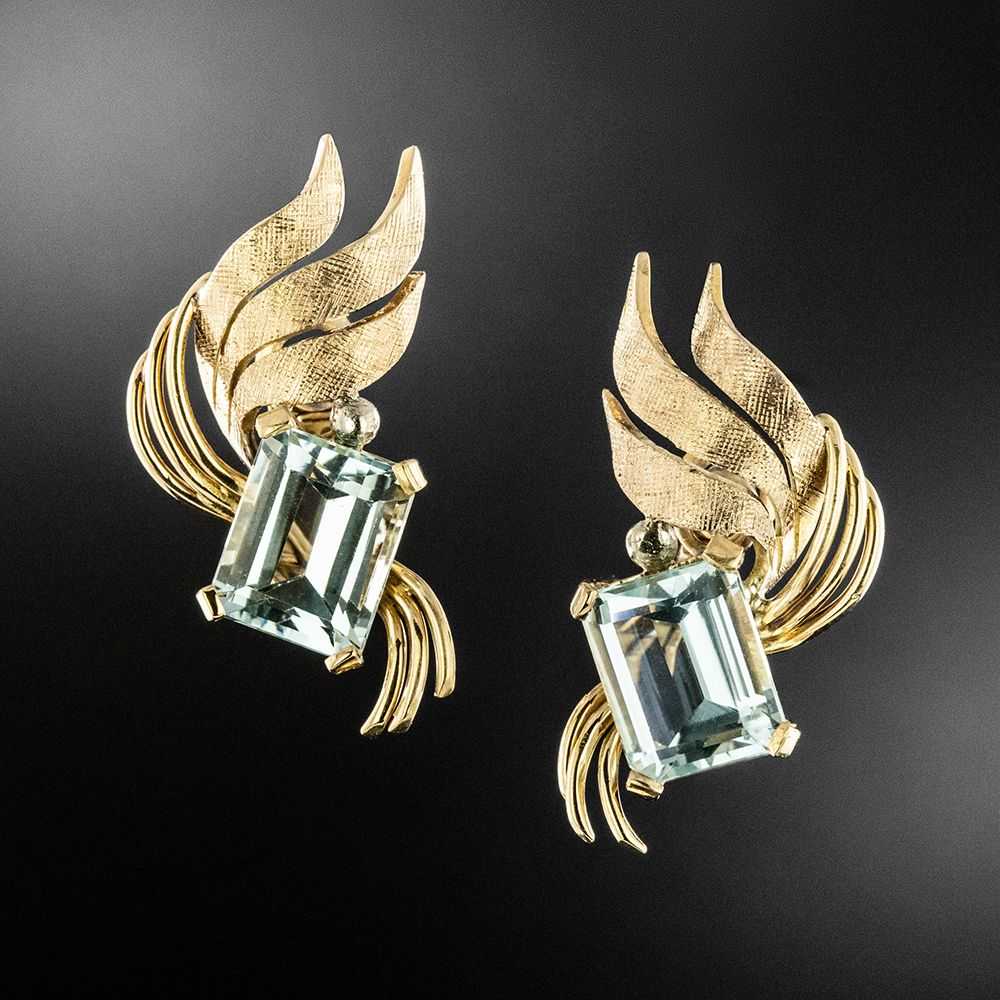 Retro Aquamarine and Tri-Color 18K Gold Earrings - image 1