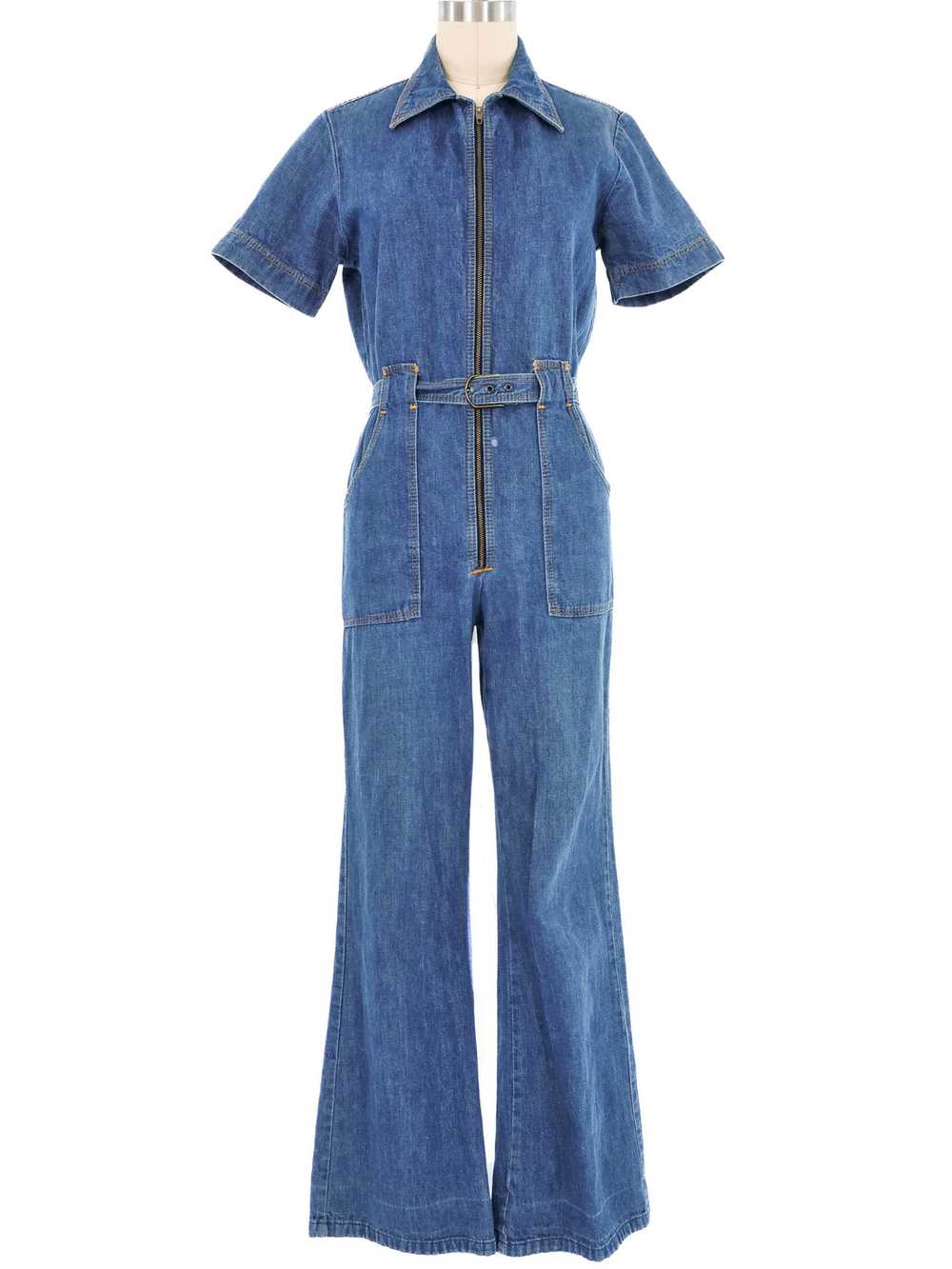 1970s Belted Zip Up Denim Jumpsuit - image 1