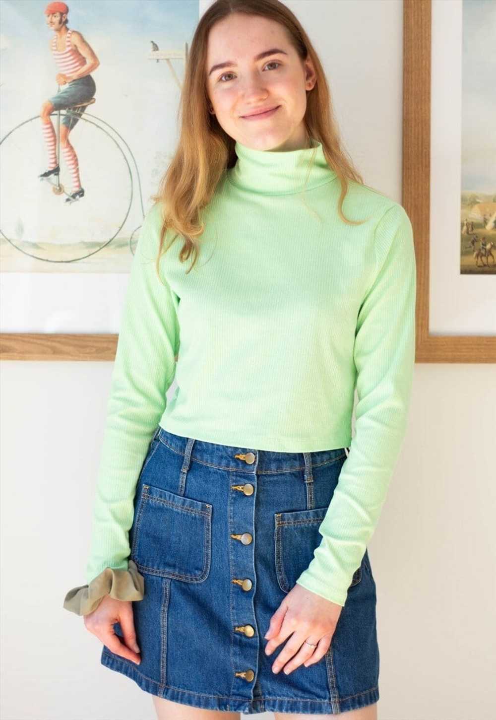 Bright neon green crop turtle neck top - image 5