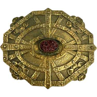 Vintage Brass Goldstone Shield Brooch