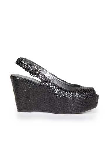 Stuart Weitzman Black Leather Woven Wedge Sandals - image 1