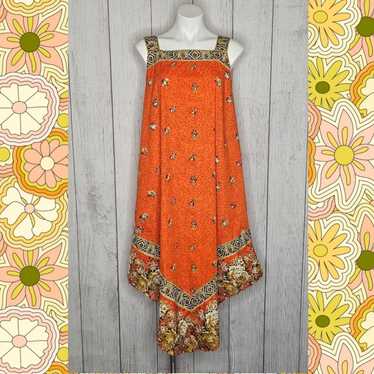 Vintage VTG 70s Orange Floral Groovy Assymetrical… - image 1