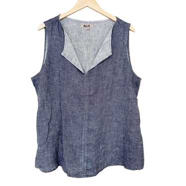 flax Flax Blue 100% Linen Split Neck Tank Top Sz L