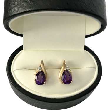 14K YG Amethyst & Diamond Stud Earrings - image 1