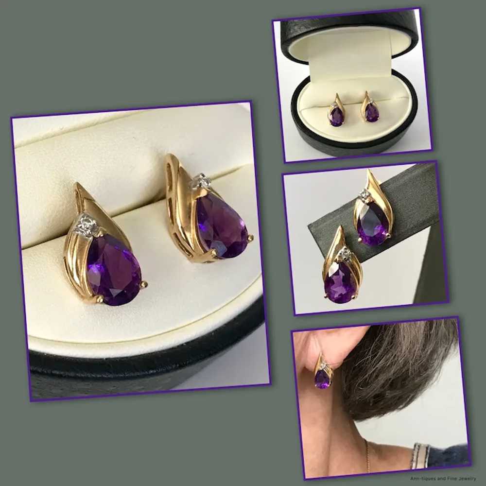 14K YG Amethyst & Diamond Stud Earrings - image 2