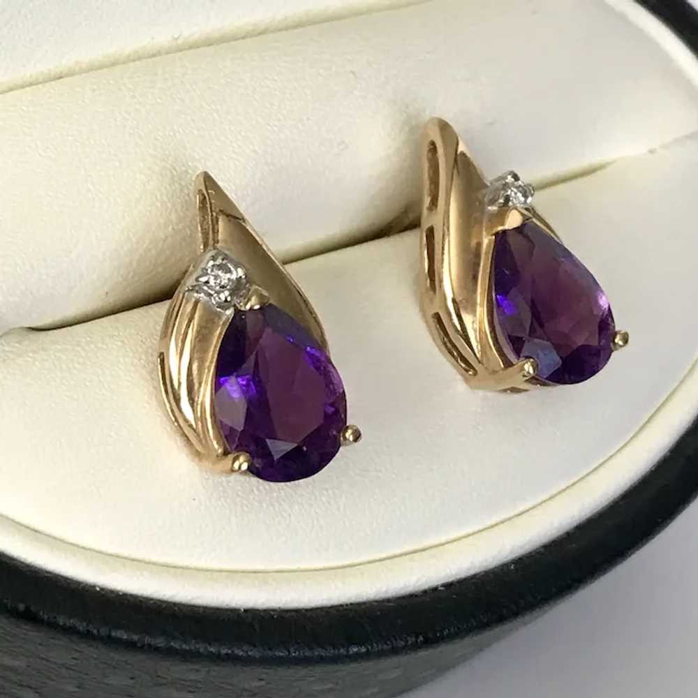 14K YG Amethyst & Diamond Stud Earrings - image 3