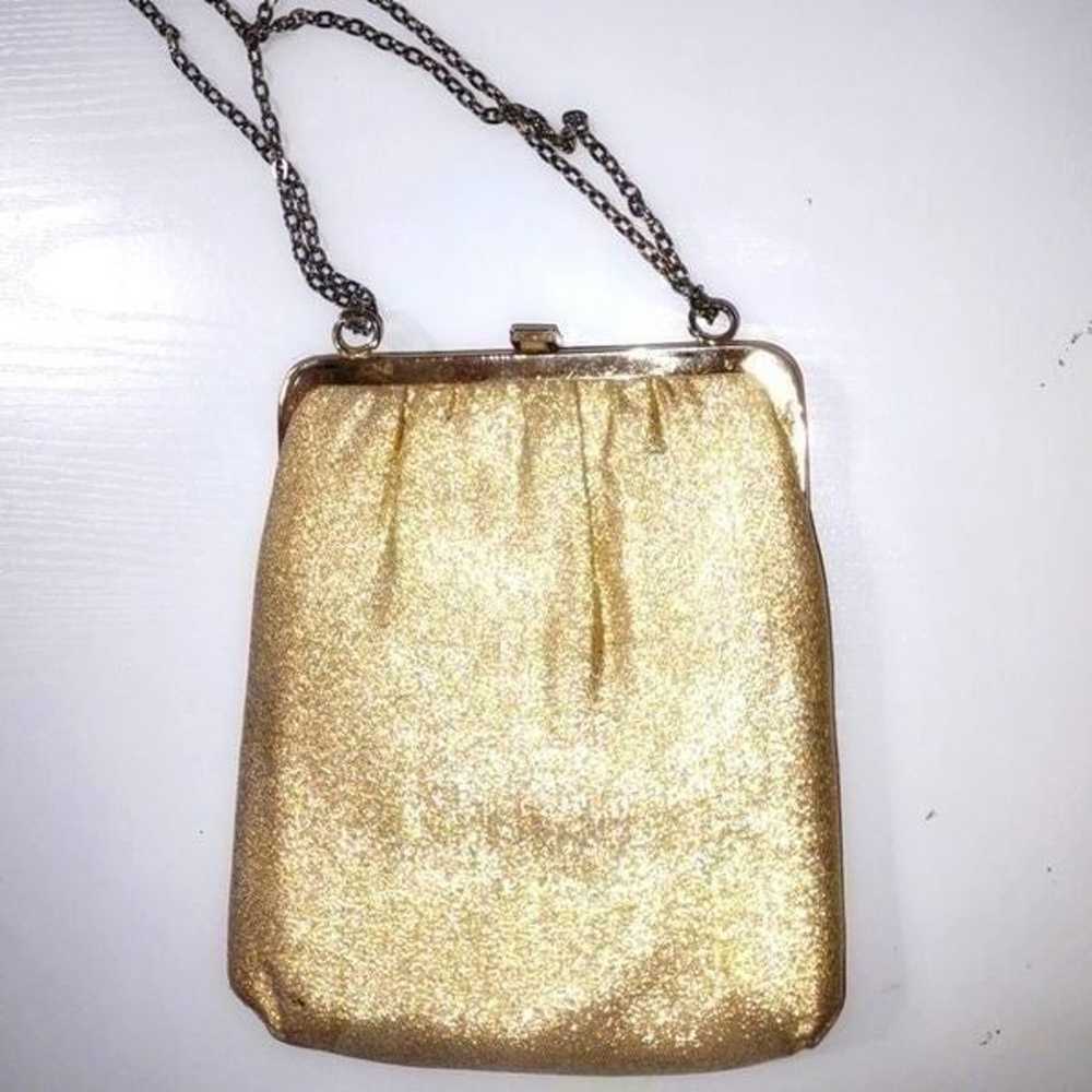 Vintage Gold Lame' Fabric Evening Bag Shoulder Ch… - image 5