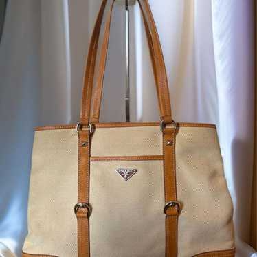 ◆PRADA◆ Canvas Tote with Triangular Ivory Plate Pr