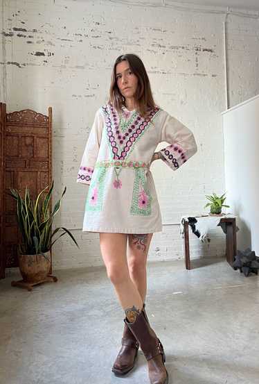 60s Embroidered Tunic Mini Dress, XS