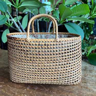 Antique bamboo woven handbag, kasuri drawstring p… - image 1