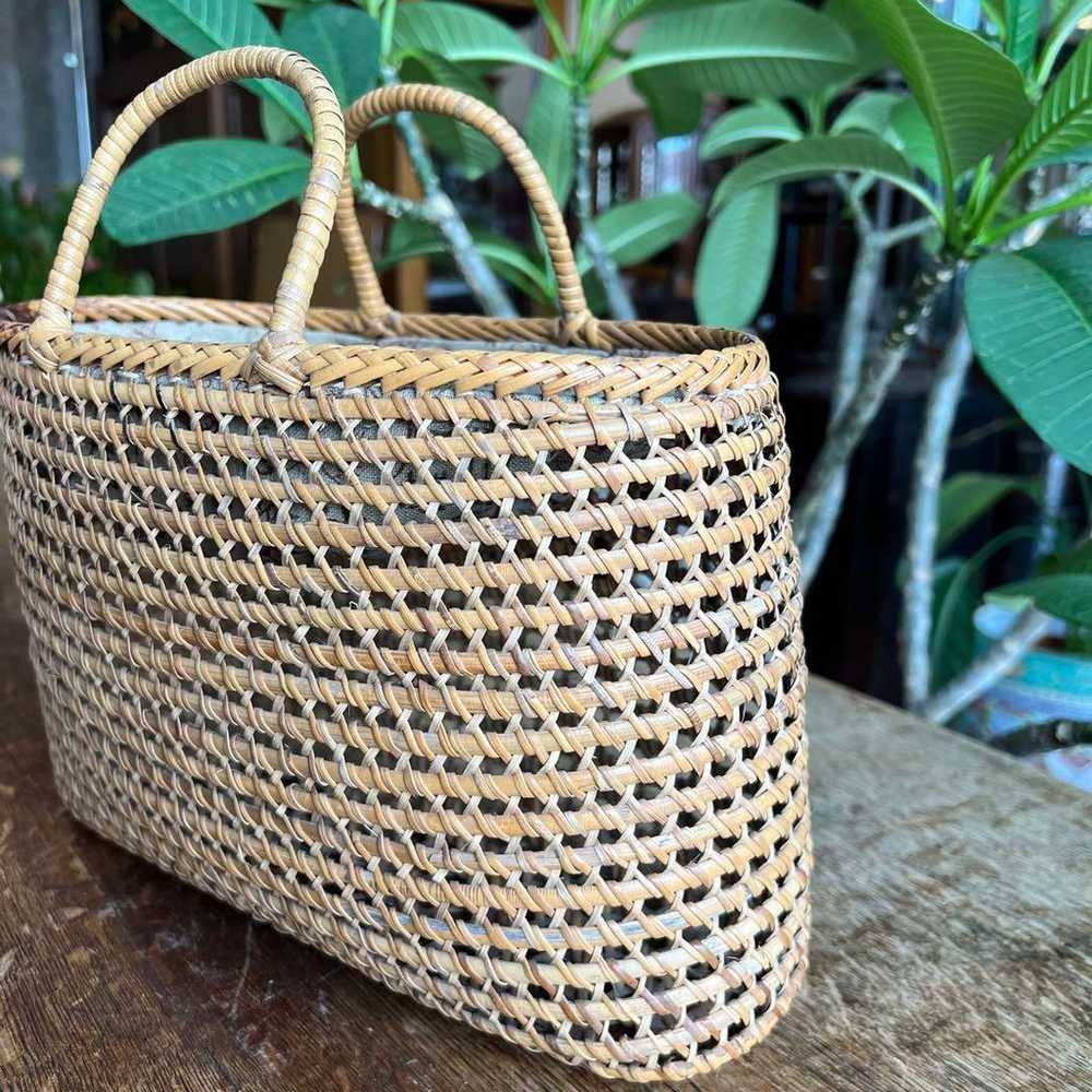 Antique bamboo woven handbag, kasuri drawstring p… - image 2