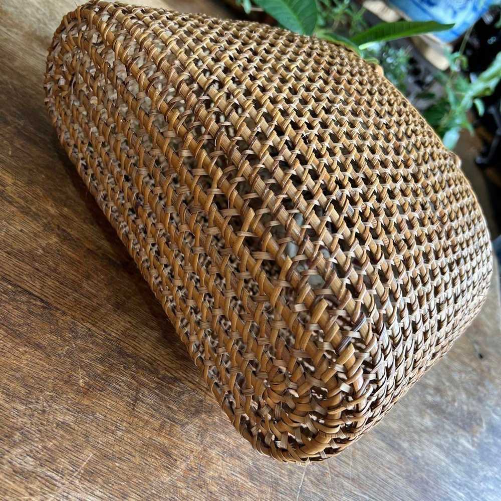 Antique bamboo woven handbag, kasuri drawstring p… - image 4