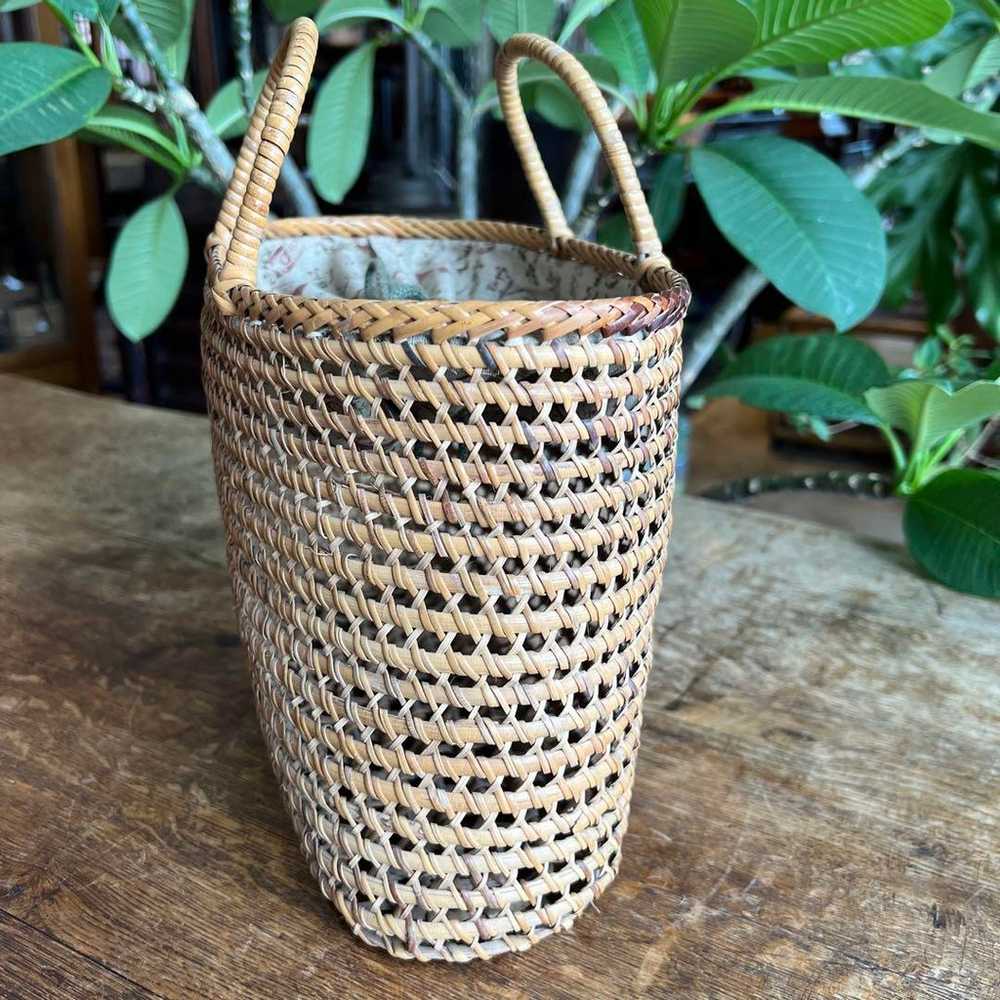 Antique bamboo woven handbag, kasuri drawstring p… - image 5