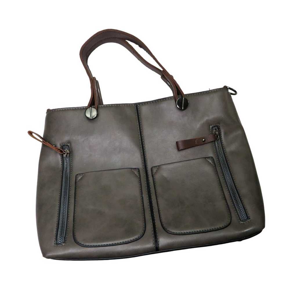 1990s Vintage Steel Gray Leather Tote Bag Hand Bag - image 2