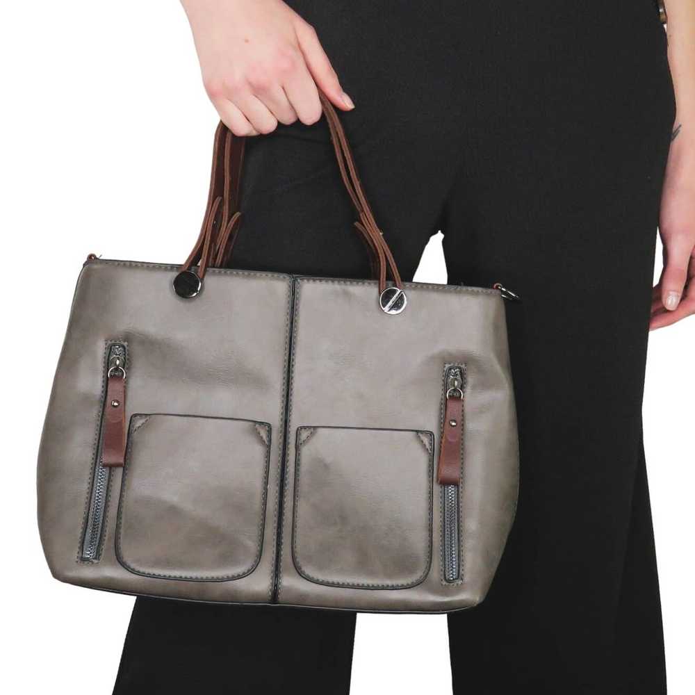 1990s Vintage Steel Gray Leather Tote Bag Hand Bag - image 6