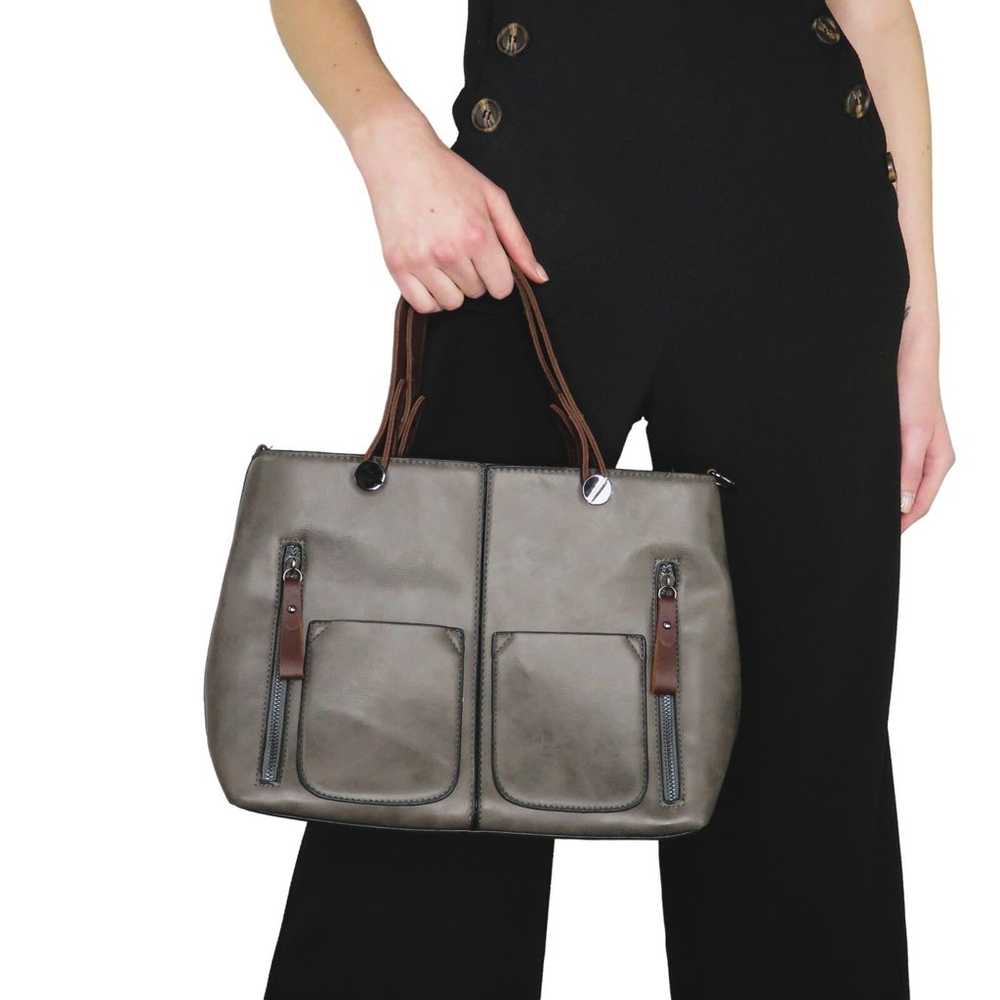 1990s Vintage Steel Gray Leather Tote Bag Hand Bag - image 7