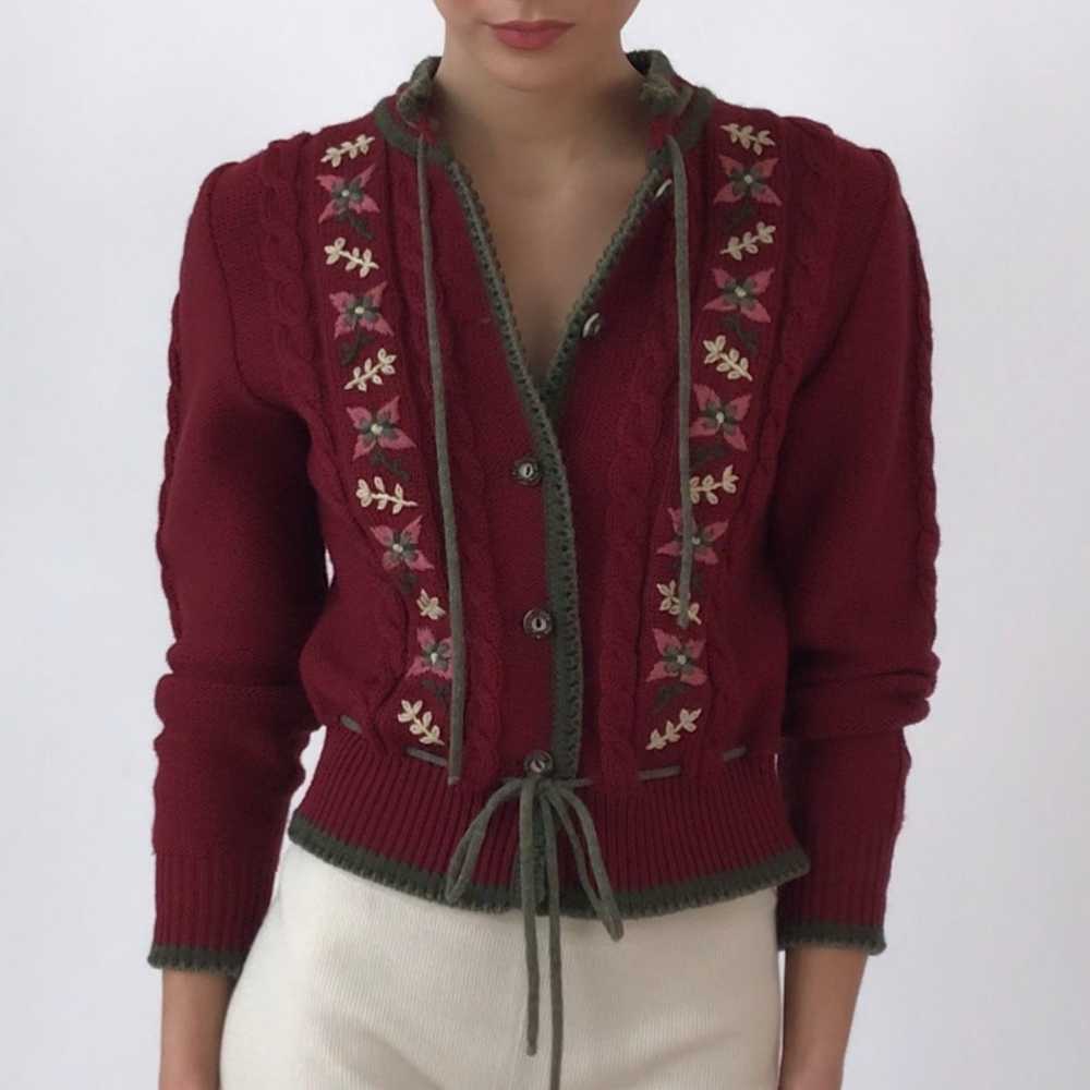 Vintage Floral Hand Embroidered Maroon Cardigan S… - image 1