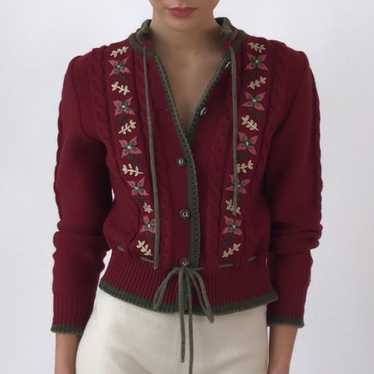 Vintage Floral Hand Embroidered Maroon Cardigan S… - image 1