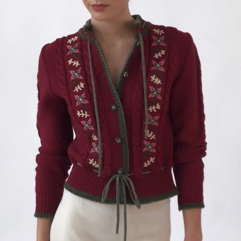 Vintage Floral Hand Embroidered Maroon Cardigan S… - image 3