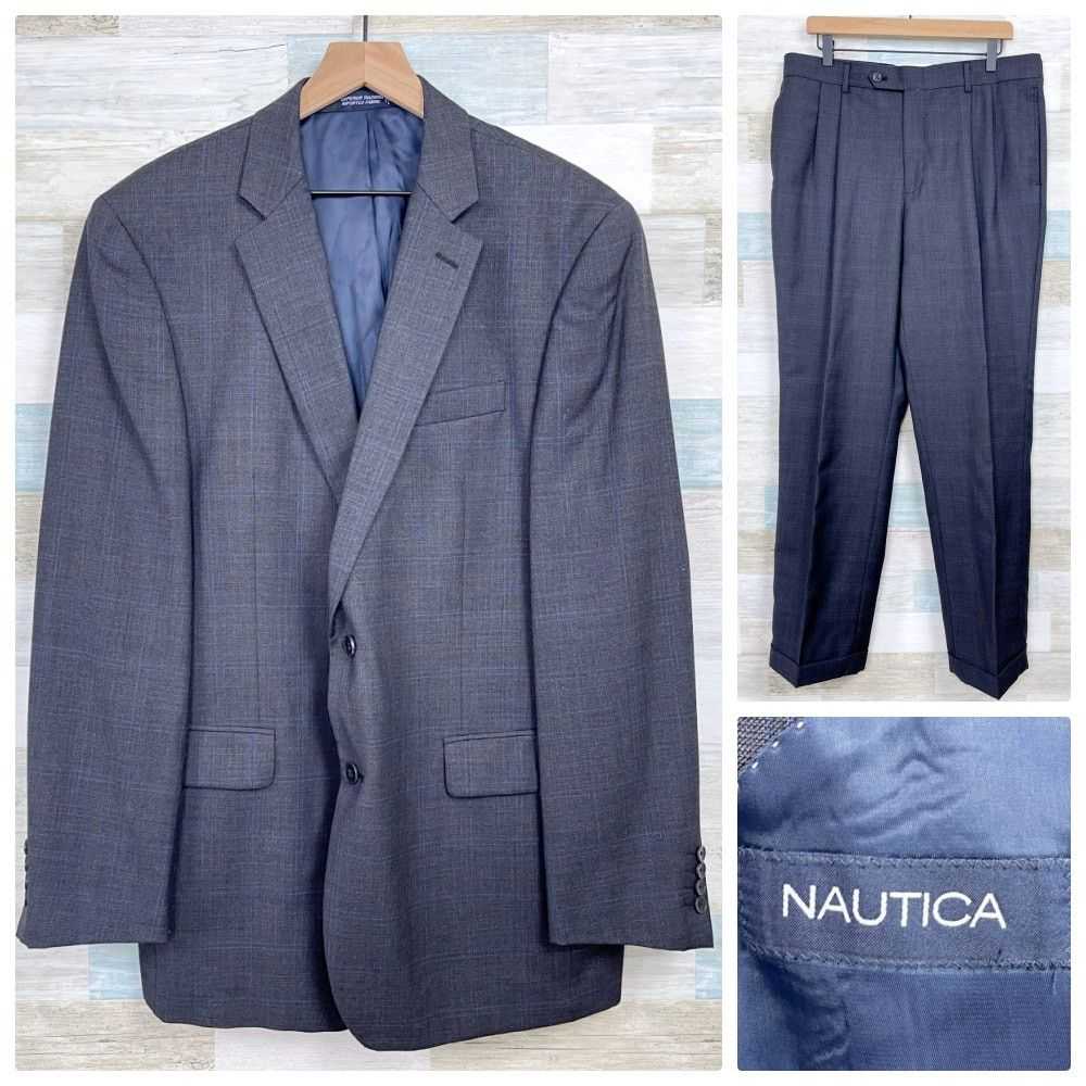 Nautica Nautica Wool Windowpane Suit Gray Two But… - image 1