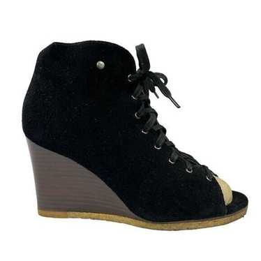 Ugg Elyse Black Leather Open Toe Lace Up Wedge Wom