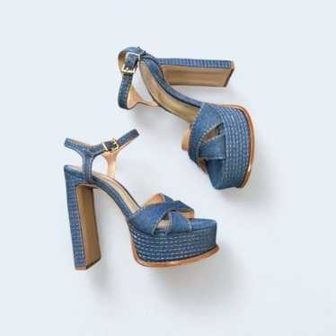 Shultz Keefa Blue Denim Open Toe Platform Block H… - image 1