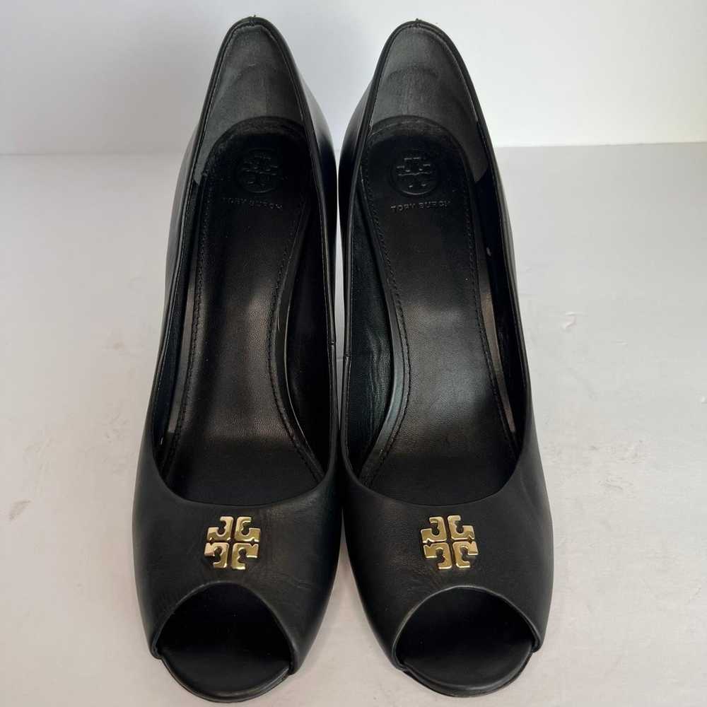 Size 11M Tory Burch Wedge Open Toe Black Leather … - image 8