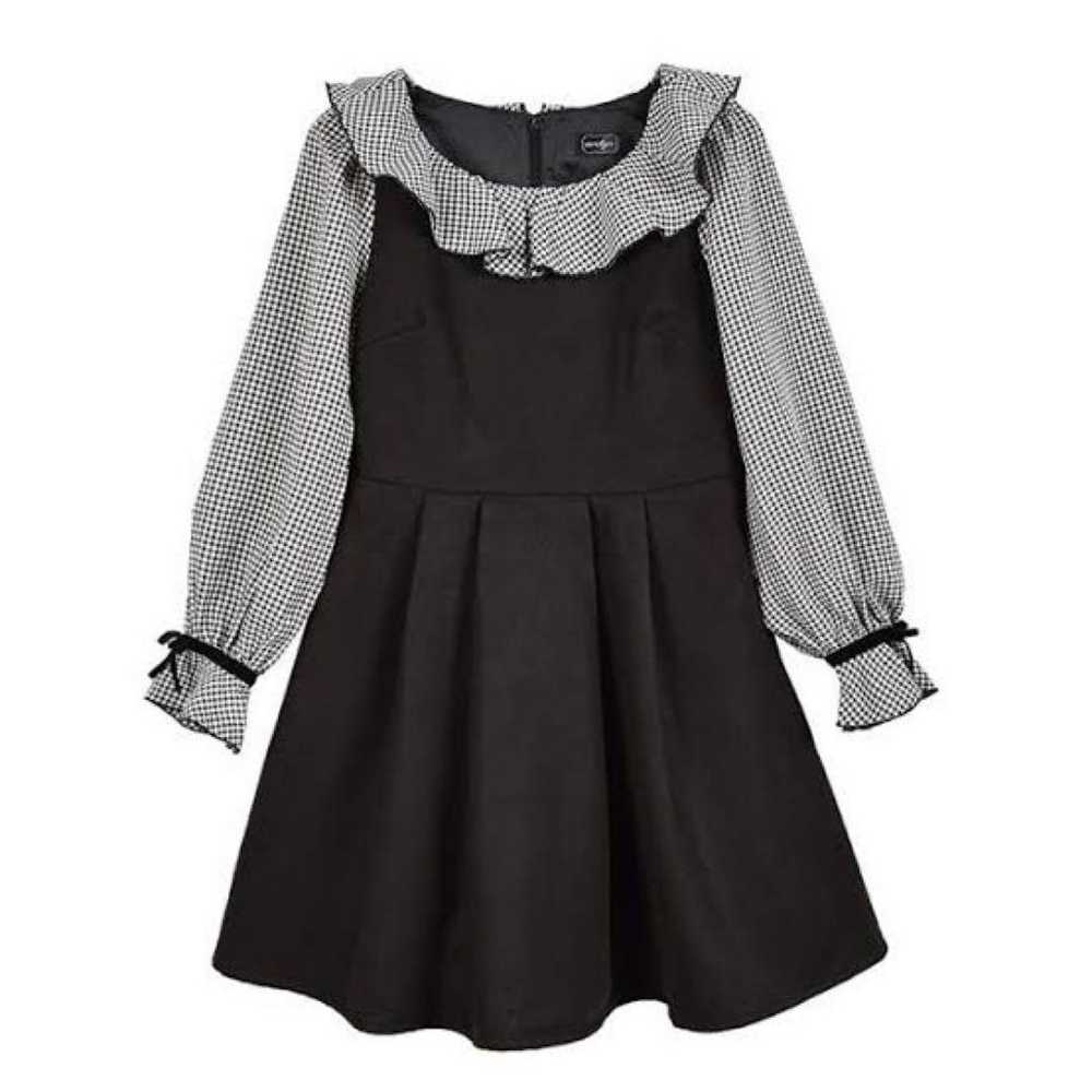 Evelyn Frill Collar One-Piece Dress Black × Check… - image 3