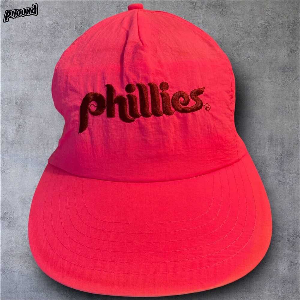 Rare Rare Vtg Phillies Hot Pink Nylon Snap Back H… - image 1