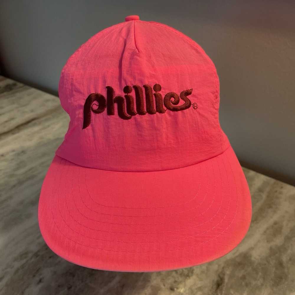 Rare Rare Vtg Phillies Hot Pink Nylon Snap Back H… - image 2