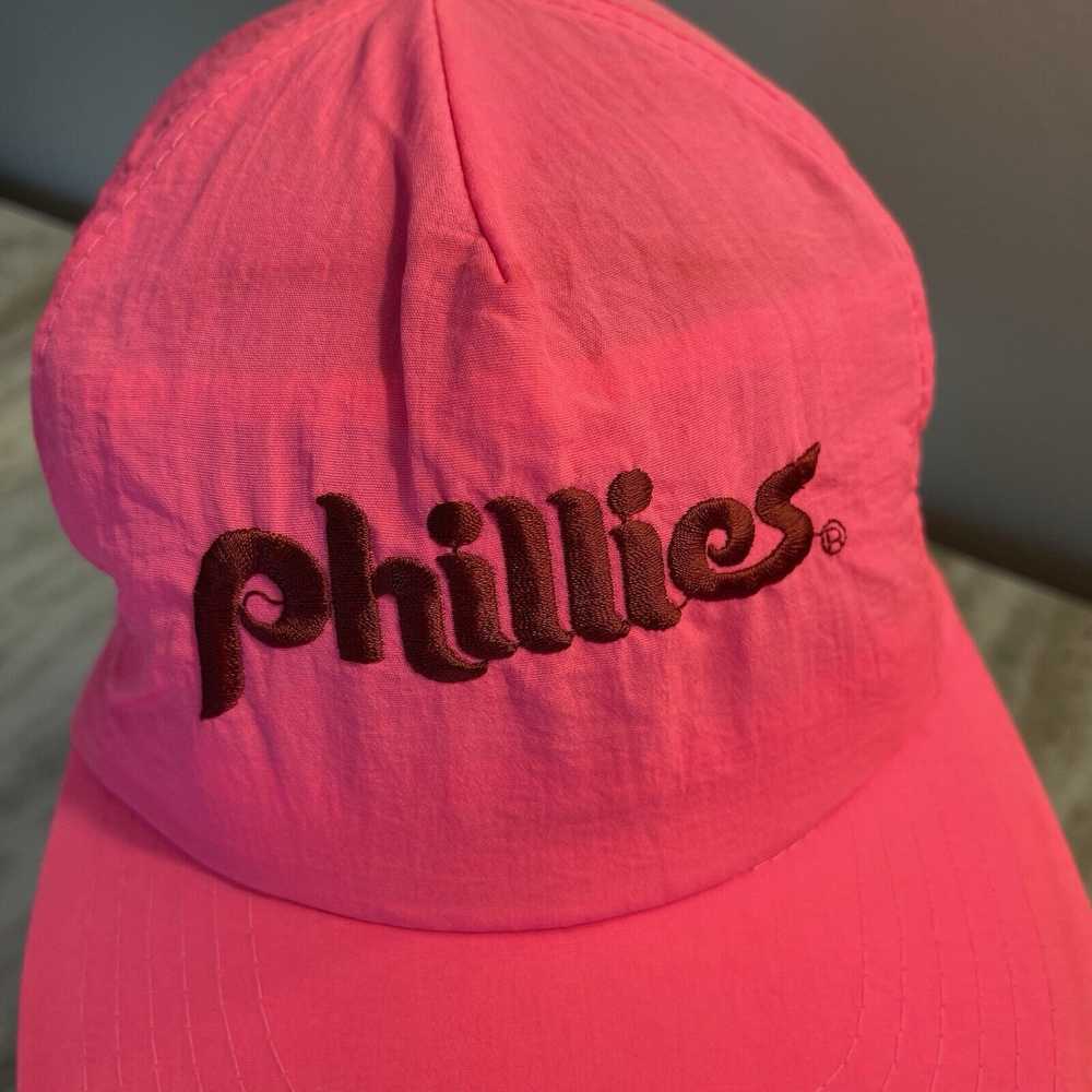 Rare Rare Vtg Phillies Hot Pink Nylon Snap Back H… - image 3