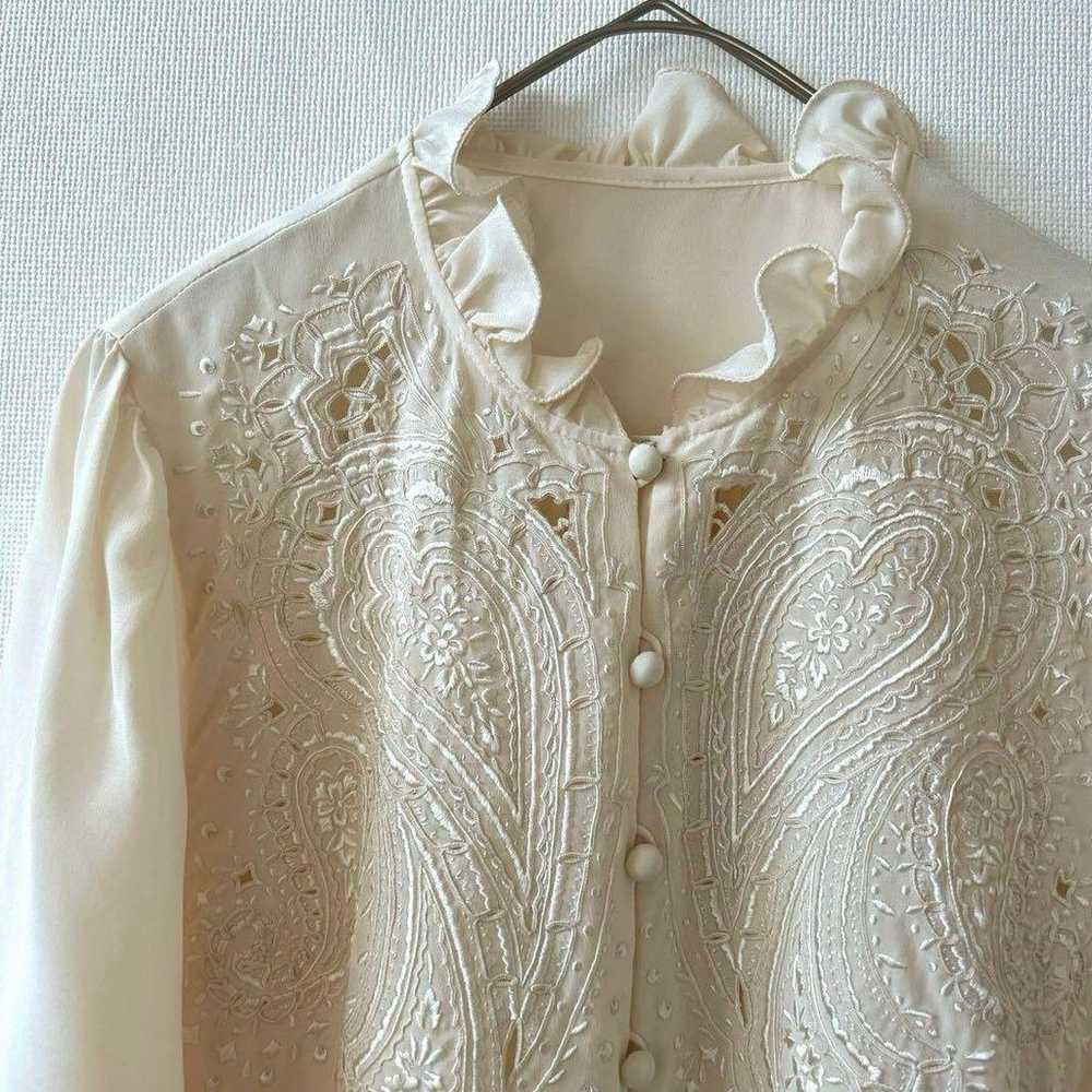 Vintage frilled stand collar embroidered blouse, … - image 1