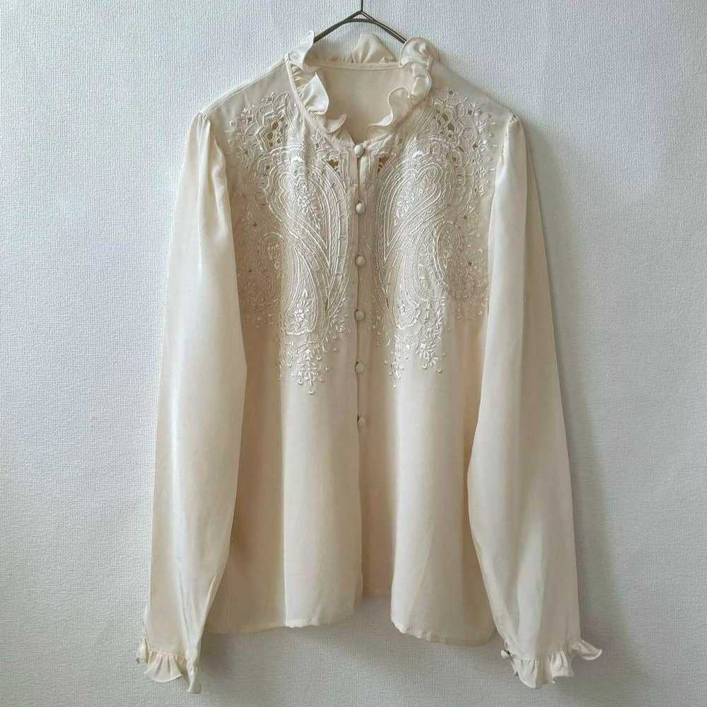 Vintage frilled stand collar embroidered blouse, … - image 2